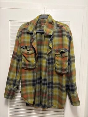 We The Free Olive & Rust Plaid Flannel Shirt Jacket